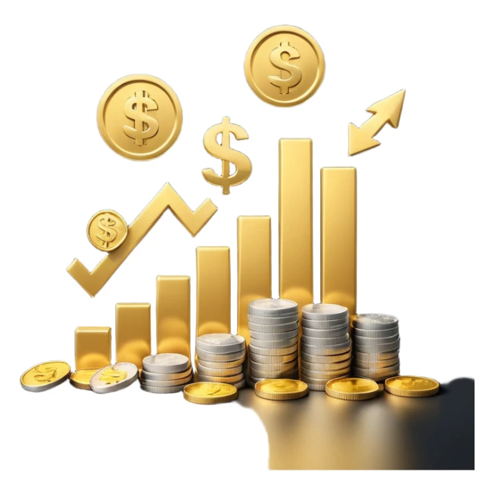 3D emoji-style bar chart showing $10K → $800 and $20K → $1,600 returns, coins and dollar signs flying upward, minimalist light background sticker