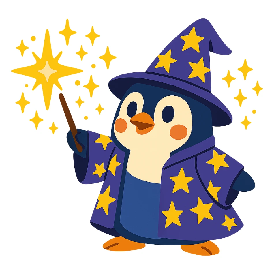 a cute penguin wizard casting a spell, wearing a starry robe and holding a wand, magical sparkles around sticker
