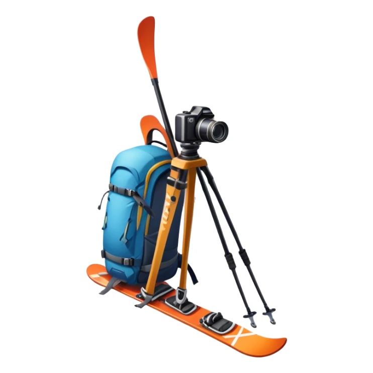 Icon for Mountain Tourism: a distant snow-capped mountain peak with skis, a snowboard, an ice axe, a backpack and a camera. The icon should convey the spirit of adventure and exploration in the mountains. Transparent background. sticker