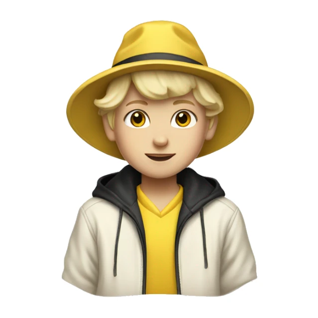 Blonde haired kid in a vintage white and yellow windbreaker with a black hat sticker