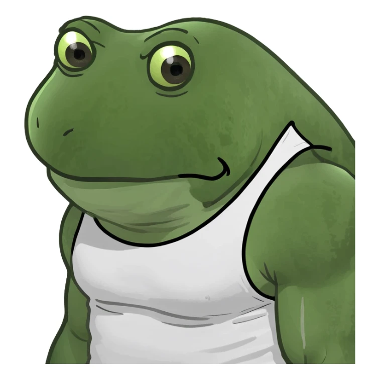 Incredibly muscular, roided up bufo, extra creatine, wearing white tank top with sweat stains sticker