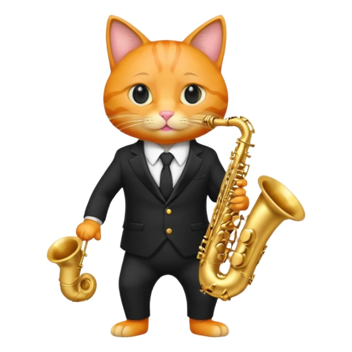 orange cat play gold saxophone, wear black suit, portrait sticker