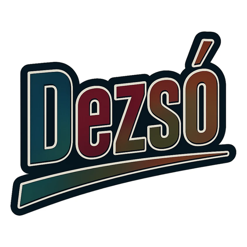 Dezső name in masculine, modern gradient font with dark contour, thin and clearly visible white border around letters, dynamic slanted underline, masculine shades of blue, gray, burgundy, green, brown, 1000x1000 px, PNG, transparent background, in the style of the uploaded Attila sample, with a long ő letter sticker