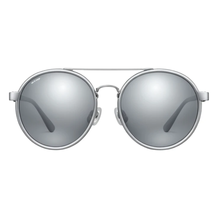 A pair of luxury sunglasses emoji with silver chrome frame, smooth rounded lenses, reflective metallic surface, high-end swag aesthetic, minimal and clean design, iOS emoji style, centered, white background sticker