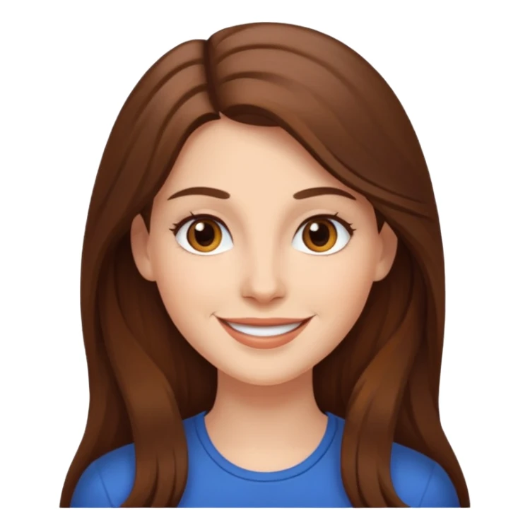 white woman with long brown hair and brown eyes, smiling sticker