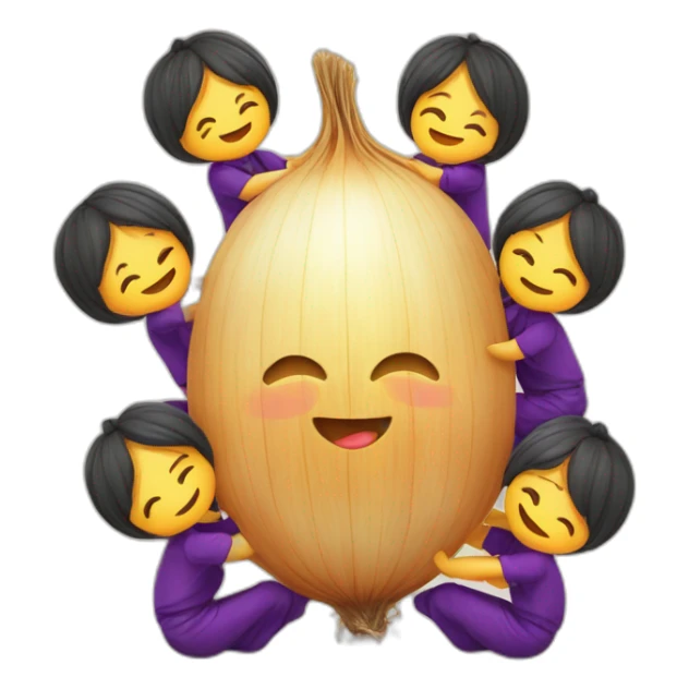 group of kawaii onions doing a catalan castellers 3 de 6 sticker
