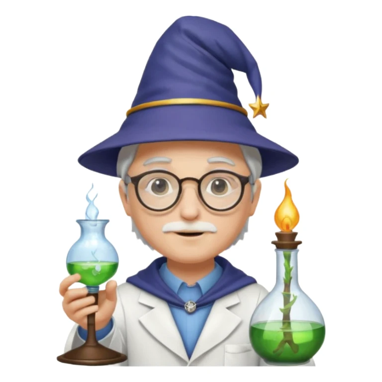 scientist with glasses, wearing wizard hat custome, with glass vase sticker