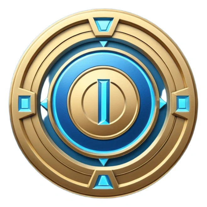 Futuristic anniversary medal badge, circular emblem with embossed Roman numeral I, metallic gold finish with electric blue glow accents, subtle outer energy ring, sci-fi web3 game UI style, polished 3D game asset, dark background, centered composition, high detail sticker