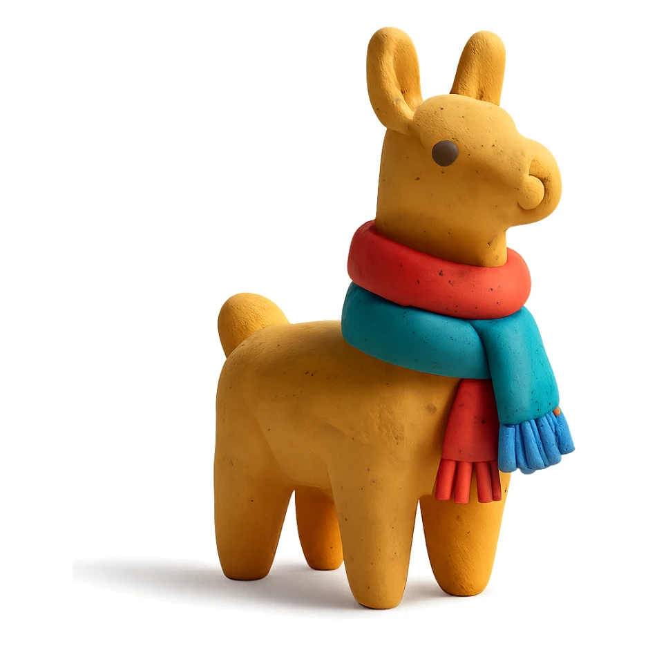 llama in claymation style wearing a colorful scarf with a matte finish sticker