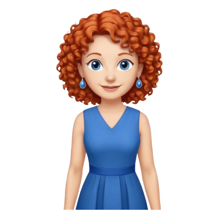 una profesora mayor simpática con el pelo rojo rizado, ojos azules, vestido azul y pendientes azules hablando sonriendo altura completa  sticker