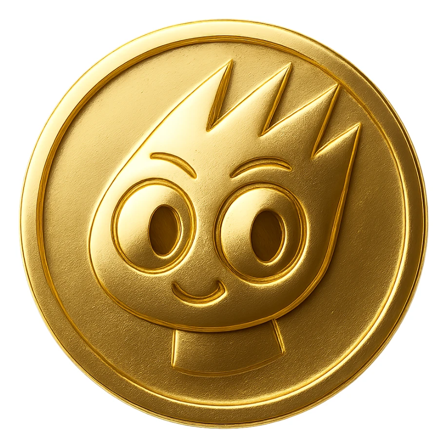 Create a gold flat token featuring the mascot head from the provided image. The head should be pink, identical in style and detail to the reference, centered, with no shadows, a subtle rim, and on a transparent background. sticker