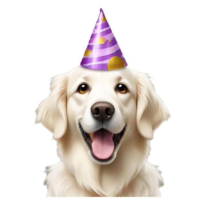 white golden retriever with birthday cake and party hat sticker
