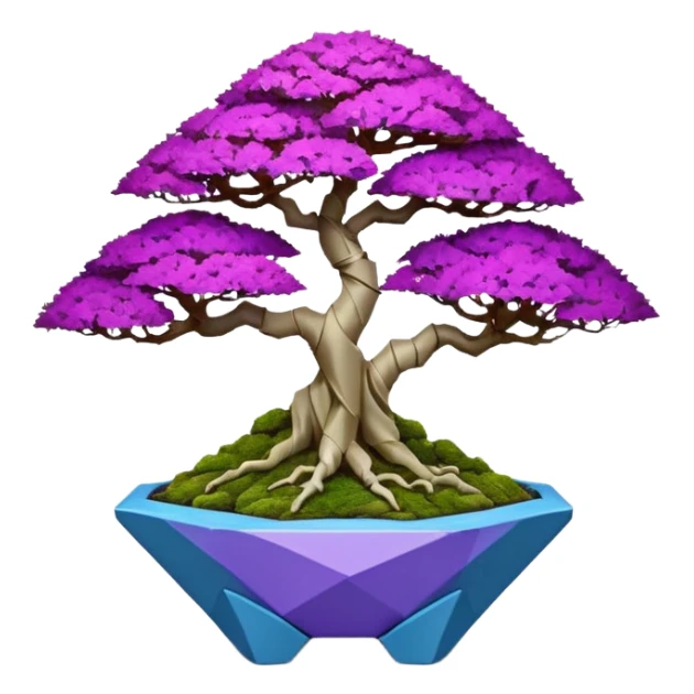 Futuristic wild glowing et alien moss maples Bonsai hair-fine-leaf group crimson crystal boxwood purple and cream pink blue informal rocky cliffhanger eight trees forest planting in shallow origami slab style pot with big feet  sticker