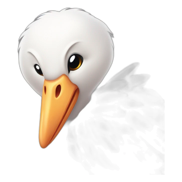  A big white stork carrying a bundle of cloth in its beak that has a cute white skinned baby face peeking out from it with black head sticker