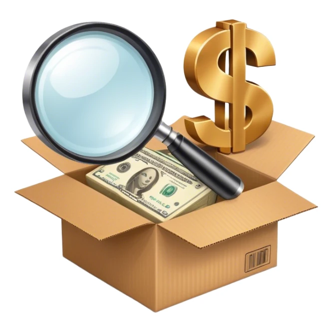 Magnifying glass searching for a cardboard box with a dollar sign, representing finding profitable suppliers. sticker