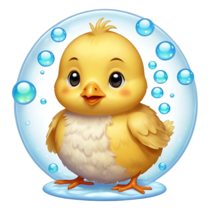 Hyperrealistic, soft furry colorful Baby chick surrounded by Hyperrealistic translucent opalescent bubbles, still life, isolated. 8k sticker
