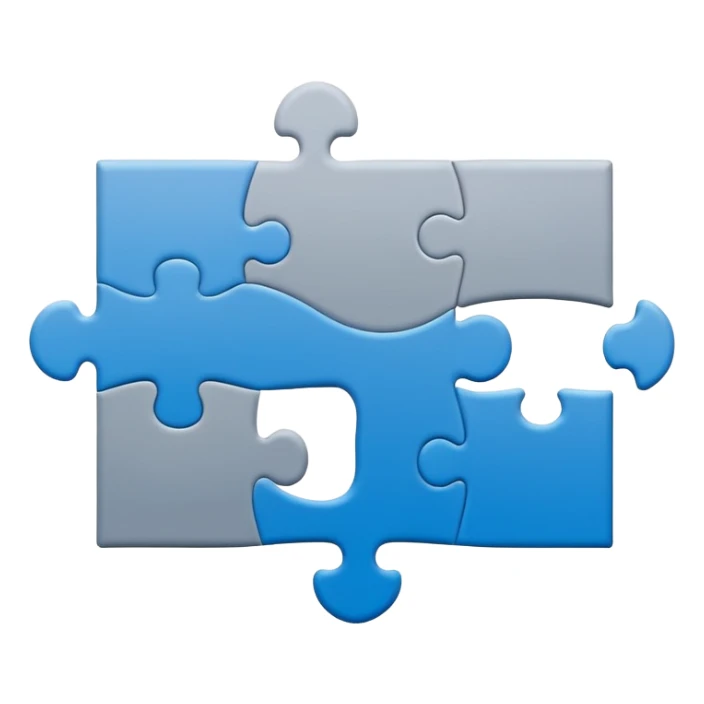 Minimal flat-style puzzle piece emoji in blue and grey, professional design for business presentation, clean edges, modern corporate aesthetic sticker