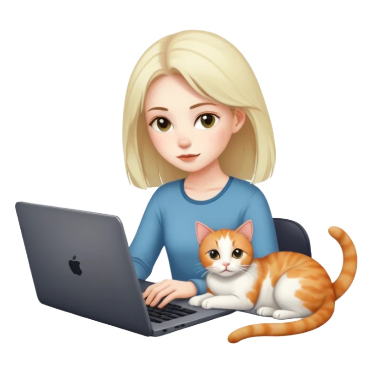 A girl is working on a laptop with a cat lying next to it sticker