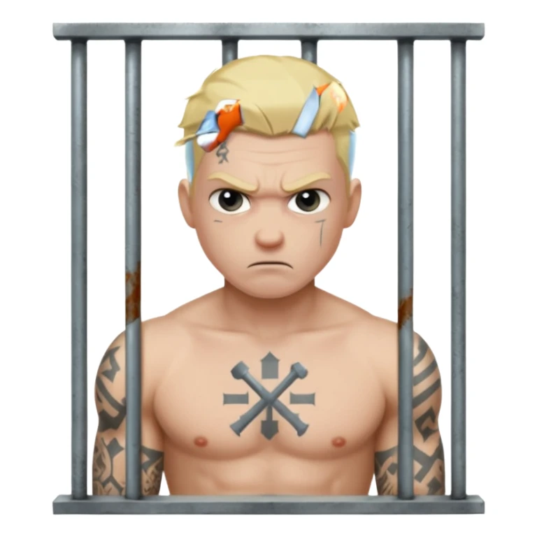 angry blonde tattooed male prisoner with prison cell bg sticker