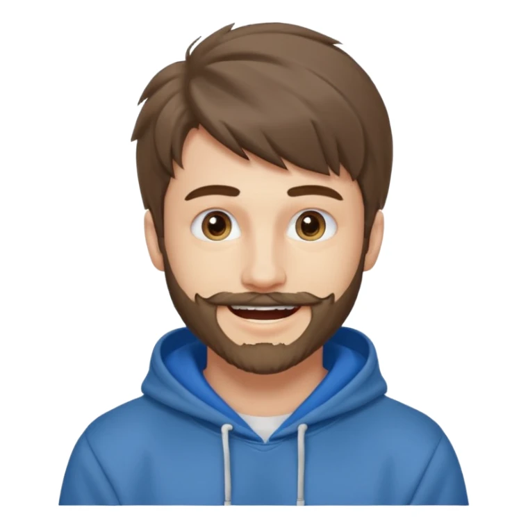 20 year old man, short scruffy beard and thin moustache, brown puffy mullet, blue eyes, big smile, white teeth, big lips, pronounced jaw, hair longer in back, sticking up on top, thin face, grey hooded sweatshirt, blue eyes sticker