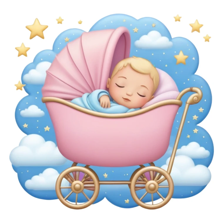 sleeping baby in pink and beige stroller surrounded by many pastel blue clouds and sparkling stars sticker