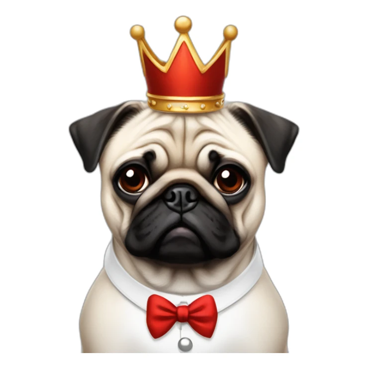 A dog (pug) with a crown in a white suit and a red bow an black baces sticker