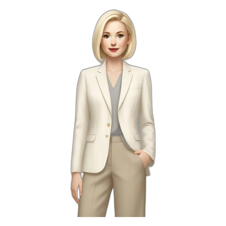 pale skin woman with ash blonde Straightened bob Hair, White Spacious classical jacket, beige palazzo Arrow pants and gray blouse holding a color palettes in the hands sticker