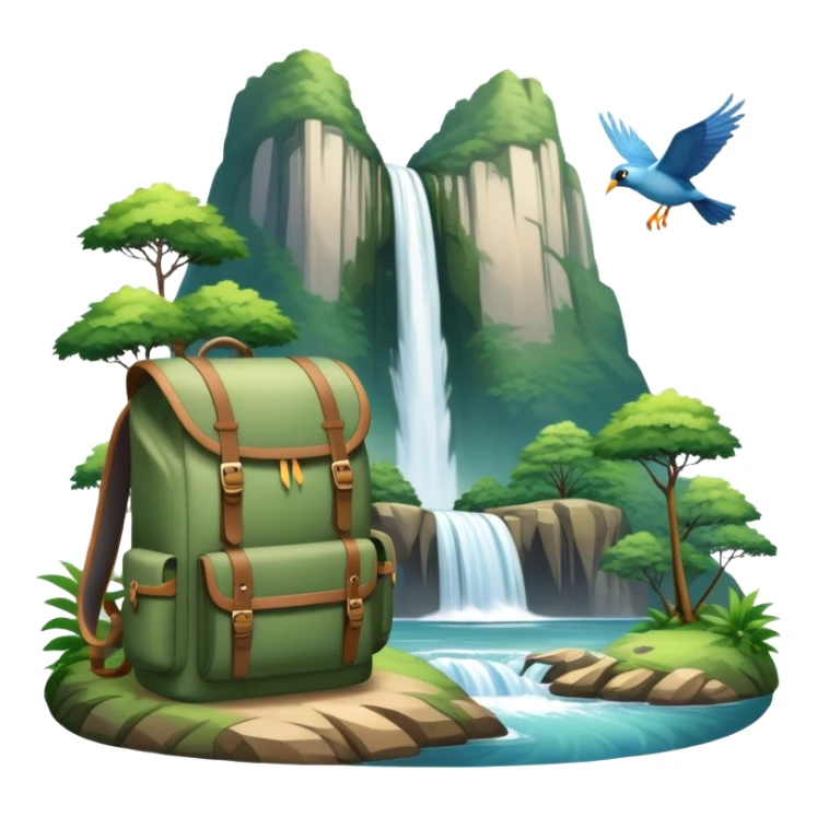 Icon for Ecotourism: lightweight hiking backpack and a scenic landscape with lush green forests, a waterfall, and wildlife, such as birds or animals in background. Transparent background. sticker