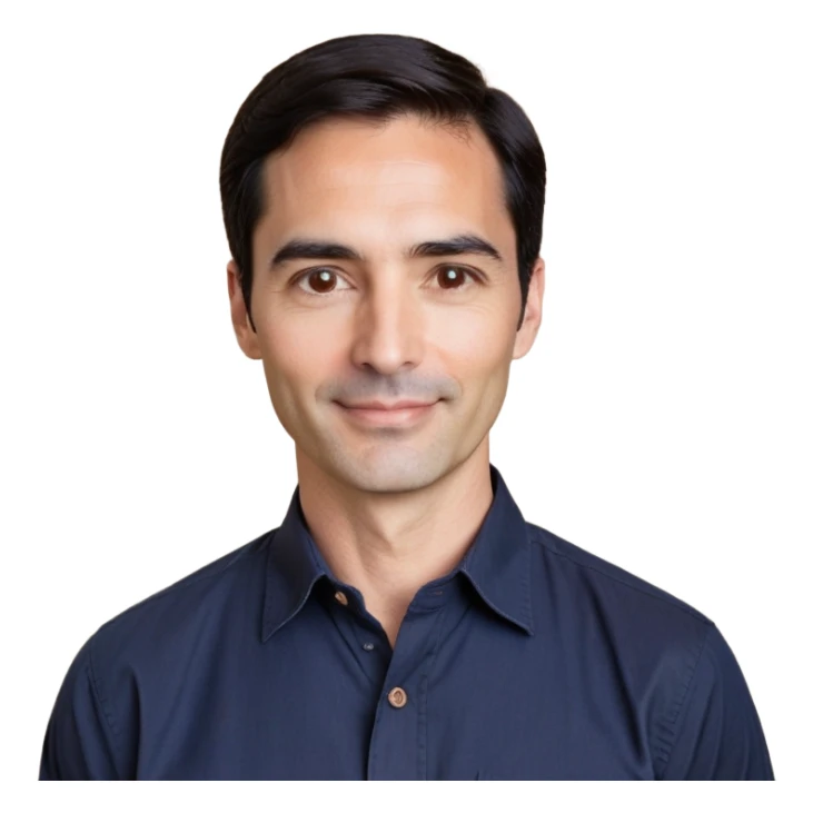 Man in his 40s with wide square face, marked jawline, full cheeks, friendly expression, medium dark brown eyes, thick natural eyebrows, straight wide nose, medium lips curved slightly upward in a relaxed smile, short neat dark brown almost black hair, wearing a navy blue button-up shirt sticker