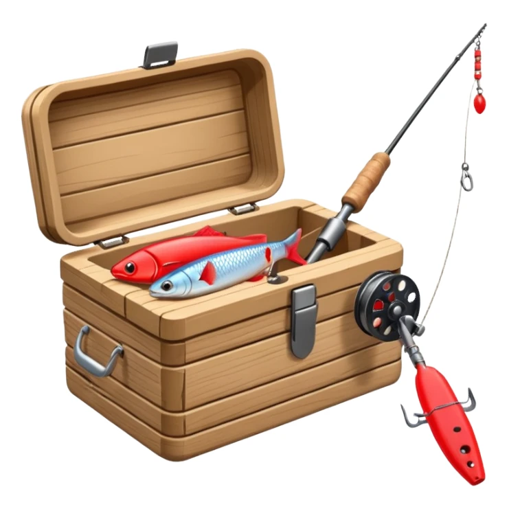 A fishing rod with reel and line neatly coiled beside a bait box.

 sticker