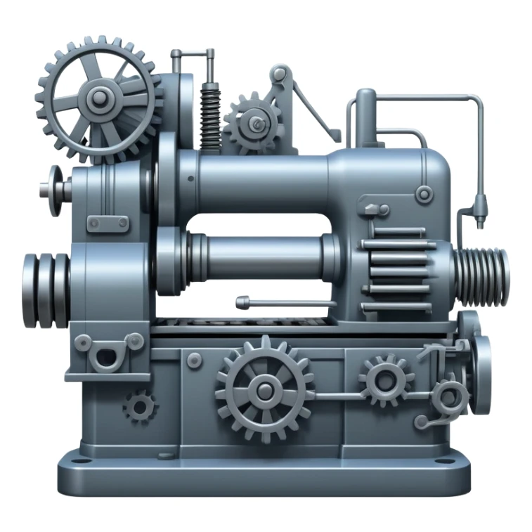 An icon featuring a giant machine tool in a factory workshop, symbolizing mechanical engineering. The design includes gears, levers, and mechanical components, representing the design and manufacturing of machinery. Transparent background highlights the precision sticker