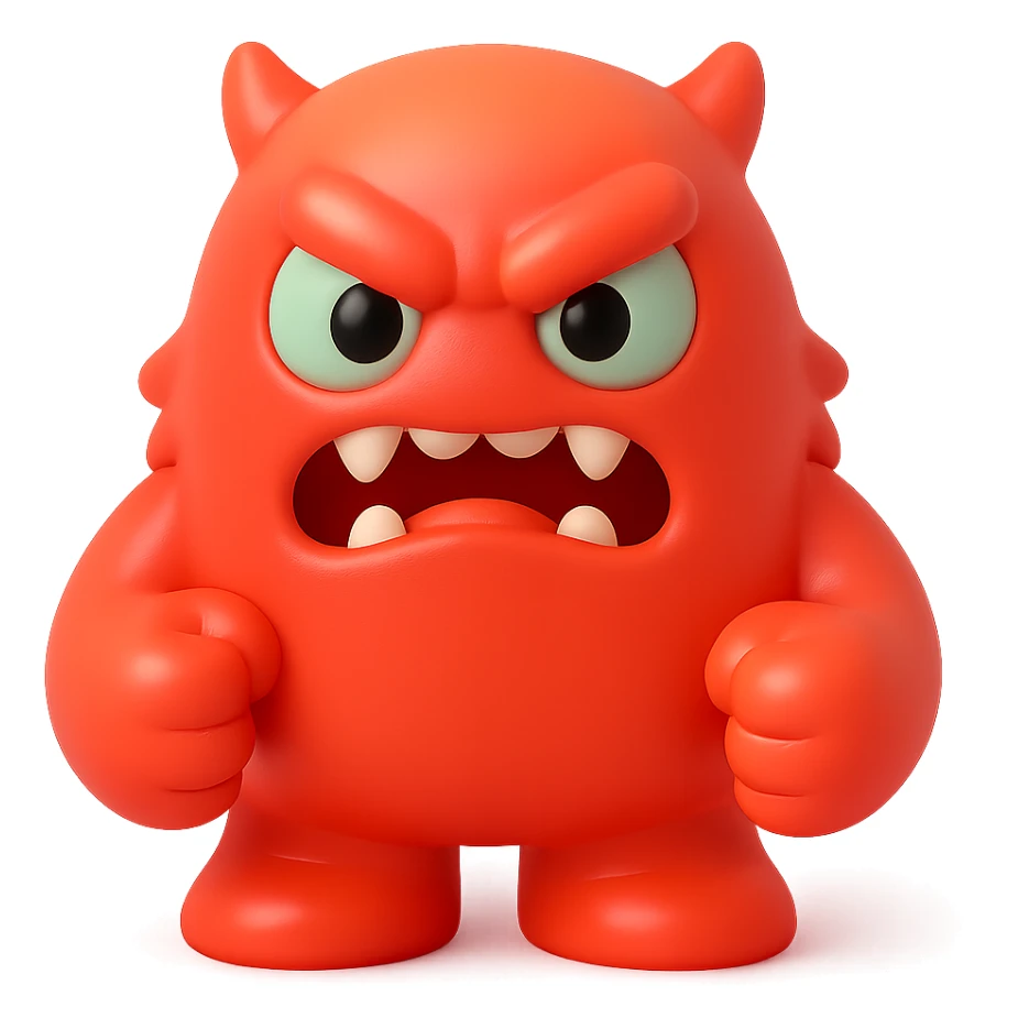 angry monster with furrowed brow, bared teeth, clenched fists, bright red and orange colors, toy-like sticker