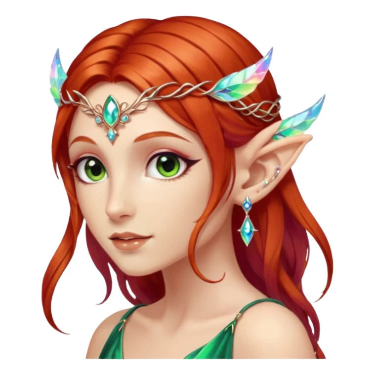 portrait of red haired Elvish fae shiny sparkly iridescent translucent diaphanous ear climber ear cuff sticker