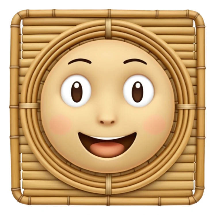 A 3D cartoon flat woven mat made of straw or bamboo strips, top-down view, soft shadow, Memoji-style. sticker
