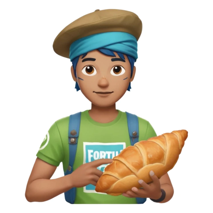 a man with green fortnite tshirt indian he has a cool hat and has a crousant with blou flesh sticker
