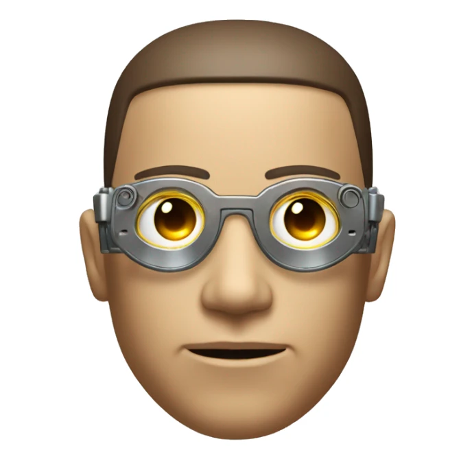 Male cyborg head with metallic plated face, brown flat top, glasses and circuits sticker