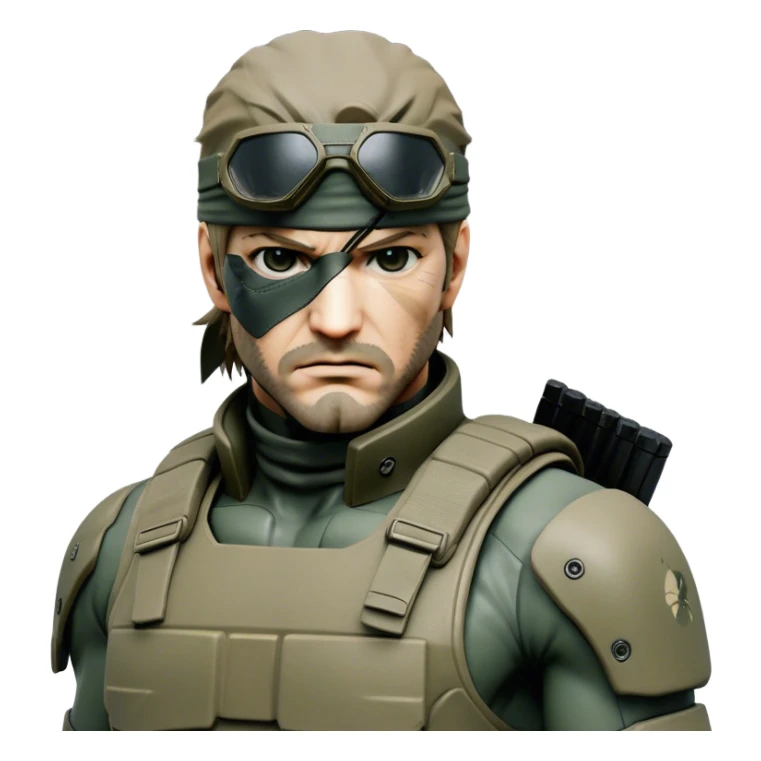 Cinematic Realistic Metal Gear Solid Snake Soldier Portrait, head tilted epicly and inquisitively, showcasing a commanding presence and tactical acumen. His weathered face, intense eyes, and meticulously rendered combat gear in muted earth tones are brought to life with lifelike clarity and dramatic lighting, high shine, epic and awe-inspiring, embodying the covert prowess of a true warrior of the shadows. sticker