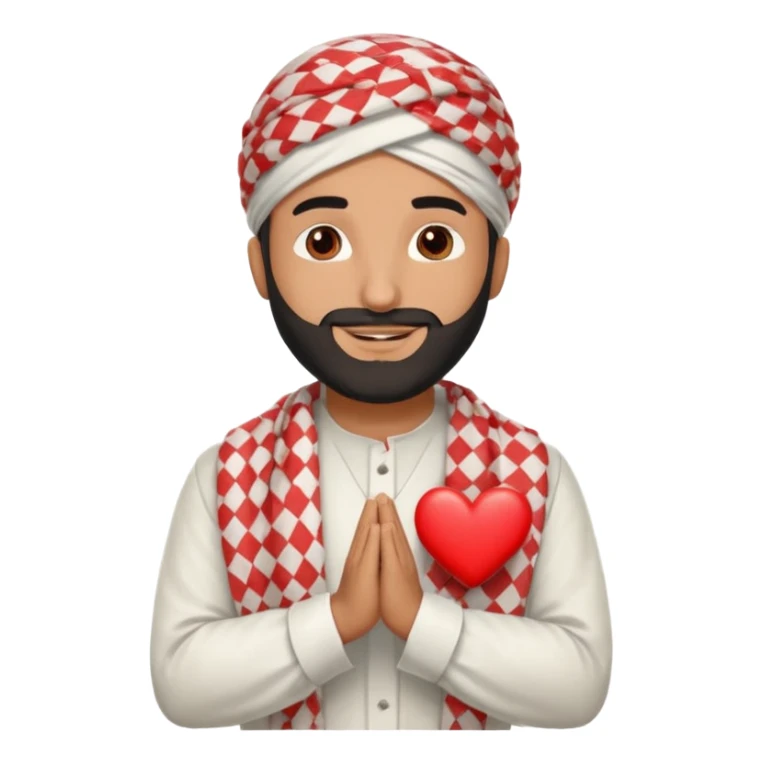 Middle Eastern man showing gratitude, friendly smile, trimmed beard, wearing white thobe and red-and-white checkered keffiyeh with black agal, hands crossed over chest, small red heart above head, soft beige background, clean and minimal flat digital style sticker