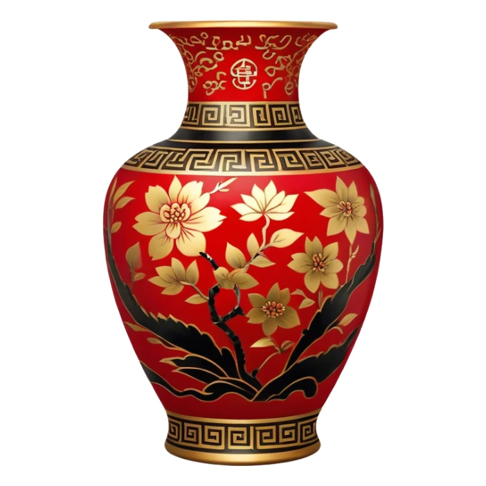 Chinese metal painting icon, intricate hand-painted Chinese patterns on metal vase, painting with a brush, vibrant colors like red, gold, and black, delicate brushstrokes, visible fine paintbrush and metal surface, painting process, minimalistic style, clean lines, transparent background. sticker