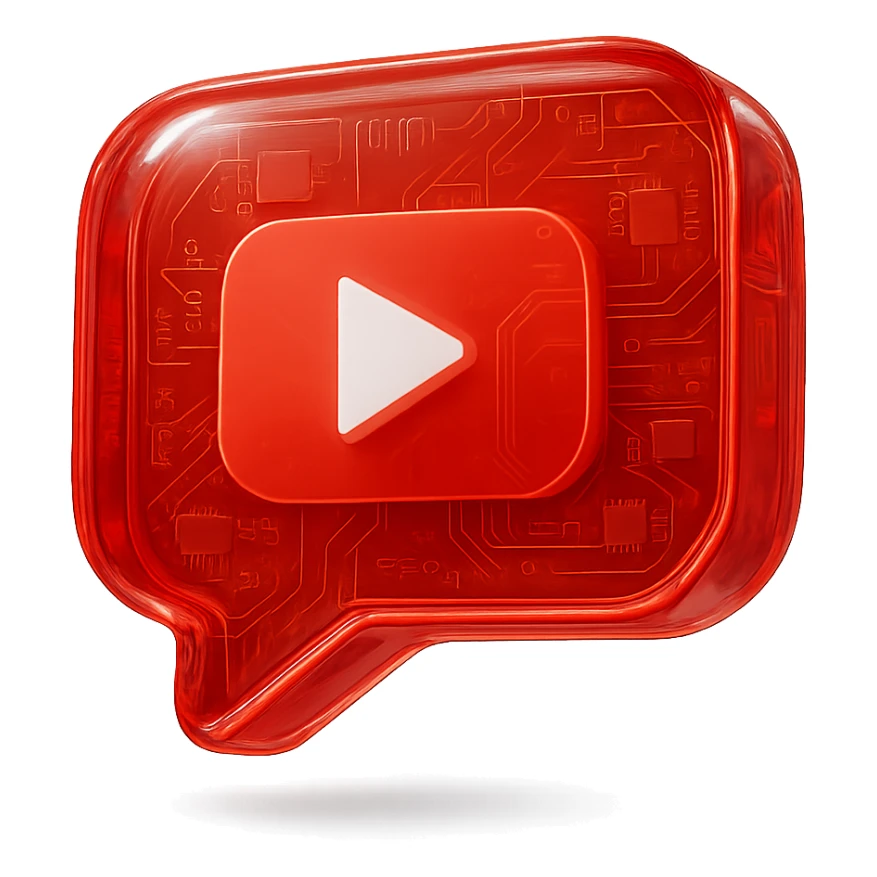red speech bubble with inside a big red YouTube white play button, very glossy circuit style, white sticker