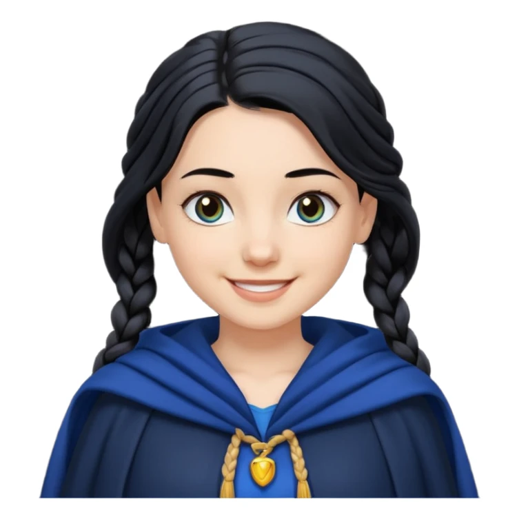 braid black hair, white girl, dark blue cloak, happy smile sticker