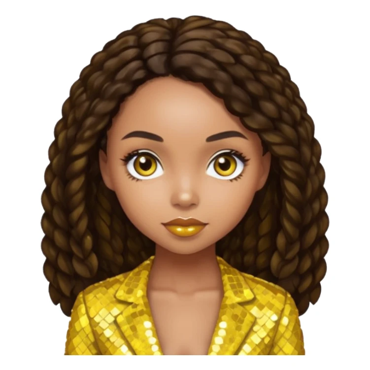 Logan Browning with long dark brown hair, yellow sequin outfit sticker