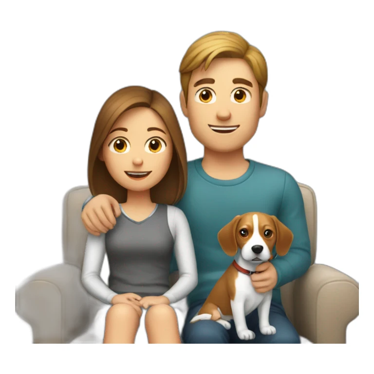 Brown hair White boy and girl with beagle Sit on couch sticker