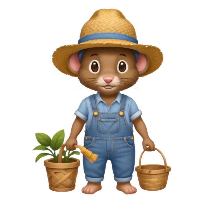 farmer rat gardener in denim overalls with a straw hat sticker