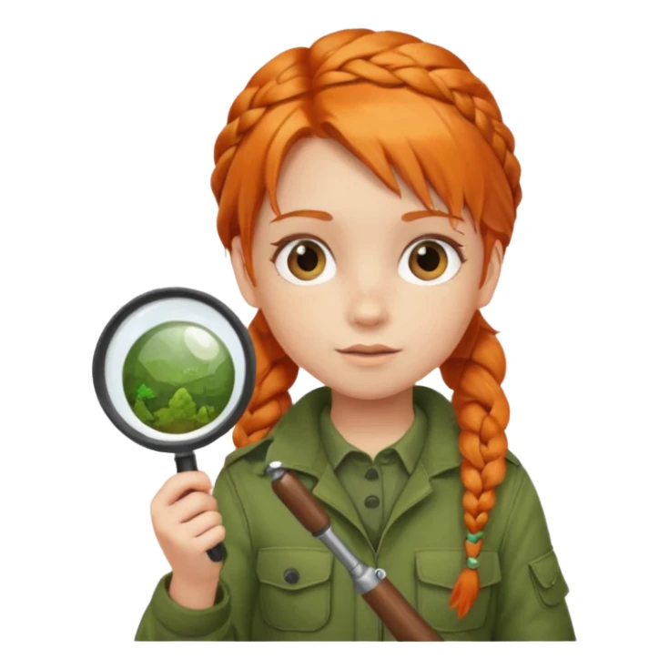 braid orange haired girl kid in moss green explorer outfit, holding magnifying glass sticker