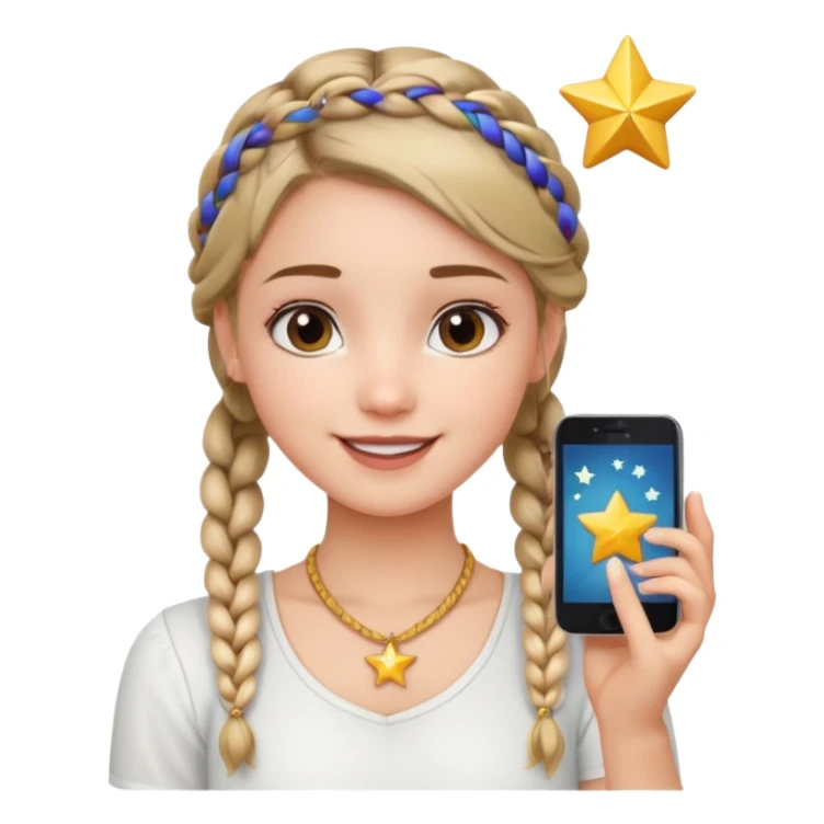 a girl wearing cute white top with a braid outing in the camera as a selfie and a star necklace in the neck  sticker