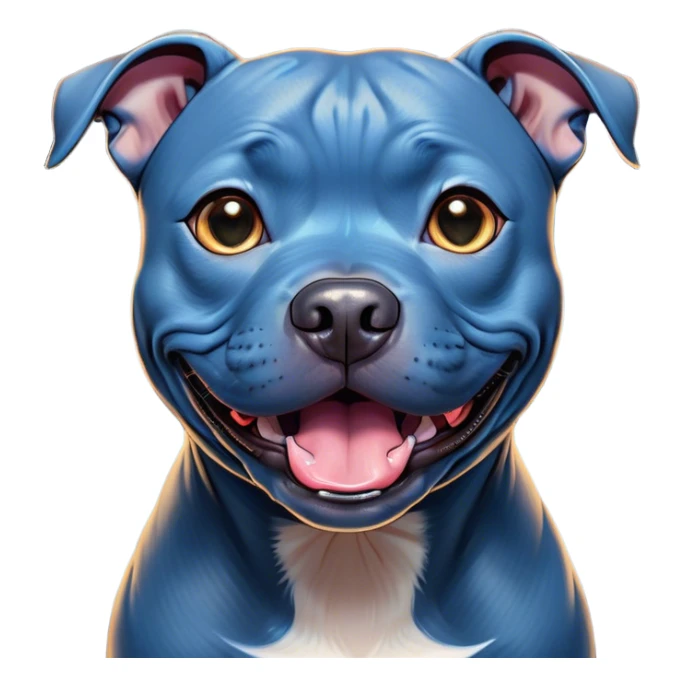 Cinematic Comical Blue Staffordshire Bull Terrier Portrait Emoji, Head tilted dramatically with an exaggeratedly amused expression, featuring a striking blue Fur with a subtle shimmer, wide, expressive dark eyes filled with playful disbelief, Simplified yet hilariously expressive features, highly detailed, glowing with a slightly sassy glow, high shine, dramatic yet playful, stylized with an air of cheeky mischief, bright and endearing, soft glowing outline, capturing the essence of a spirited and over-the-top guardian, so meme-worthy it feels like it could side-eye its way into internet fame instantly! sticker