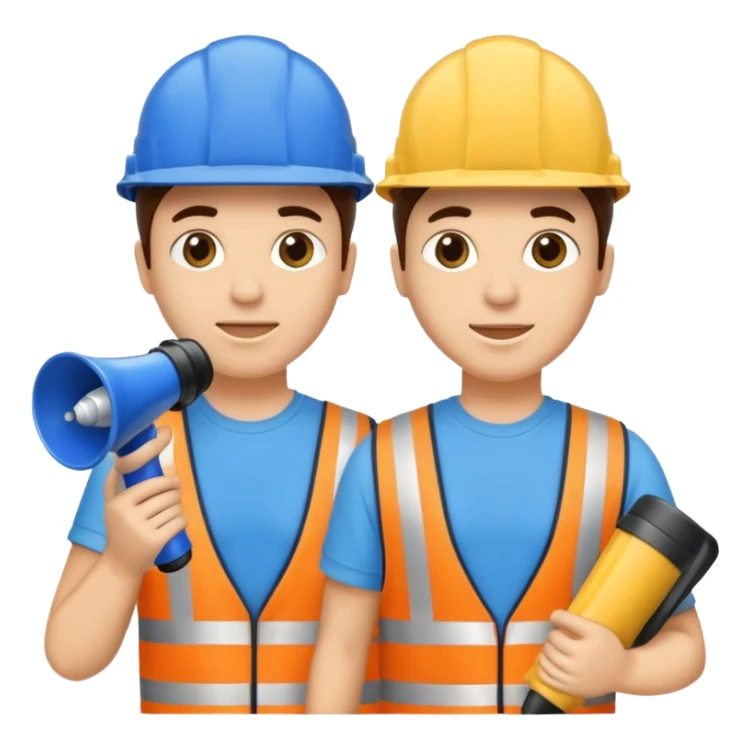 Duas pessoas com capacete de obras azul e um megafone na mão sticker