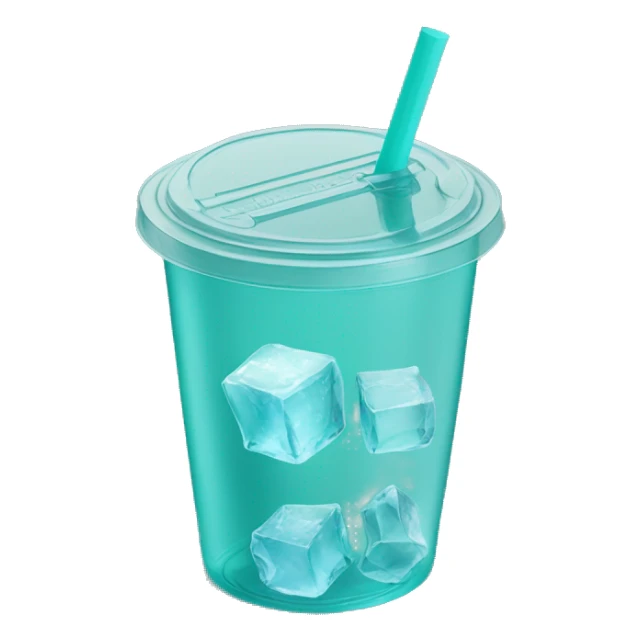 Realistic plastic cup and lid with Transluscent teal and large ice cubes inside and one straw through the top of the lid. sticker