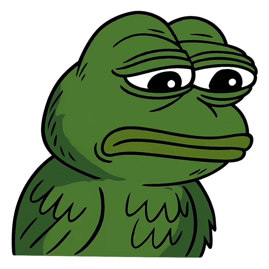 a sad crow in Pepe the Frog style, exaggerated eyes, meme vibe sticker